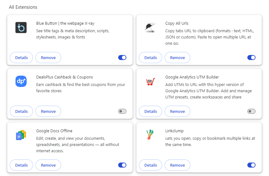 Extensions page